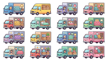 Fototapeta premium Cute Moving Trucks with Furniture and Characters, Isolated