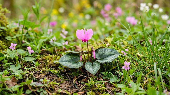 lonely pink spring cyclamen ly pink violets surrounded by green and pink hues colorful splashes in the background lush green grass Cyclamen coum ly primrose family  Solitary pink spring