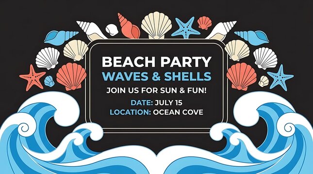 Summer beach party invitation with waves and seashells.