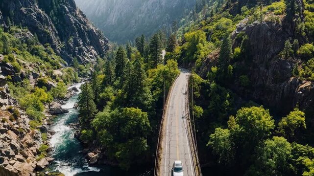 Scenic mountain road winds alongside a rushing river and lush forest