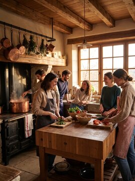 Group of happy friends cooking together and preparing a meal in a cozy rustic country kitchen