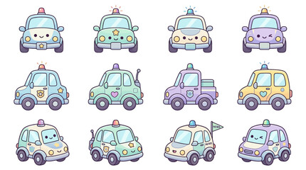 Kawaii Police Cars, Cute Cartoon Vehicles, Transparent Background Collection © Titip
