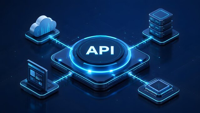 API interface seamlessly connecting cloud services, data centers, web applications, and hardware components, illustrating modern digital integration and software development infrastructure.
