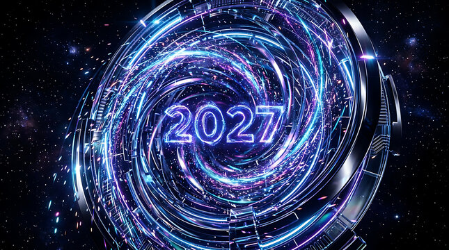Futuristic digital portal with glowing 2027 text, abstract neon light vortex in deep space, scifi time travel concept, hightech motion background