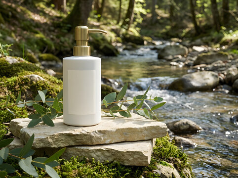White pump bottle with gold accent in serene forest stream setting.