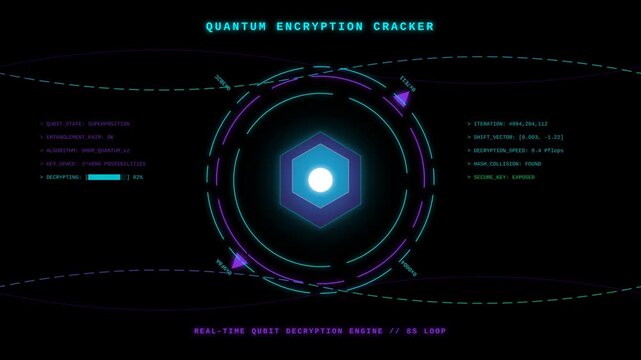 Futuristic Digital Quantum Encryption Cracker Interface Display With Hexagonal Core And Advanced Data Analysis Elements