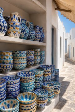 Hand painted ceramic souvenirs stacked at a shaded market stall