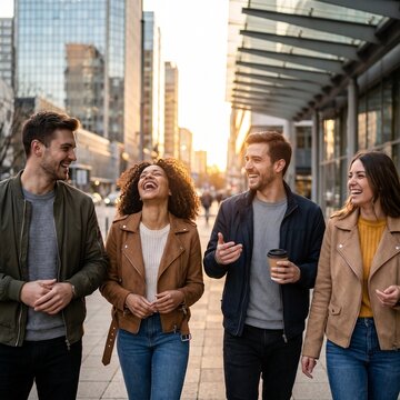 Group of happy diverse friends laughing and talking while walking together on a modern city street during sunset