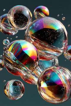 Suspended particles float in dark space, each sphere showing glossy rainbow refraction and tiny specks inside. Bright reflections bend across clear surfaces, giving abstract scientific texture with