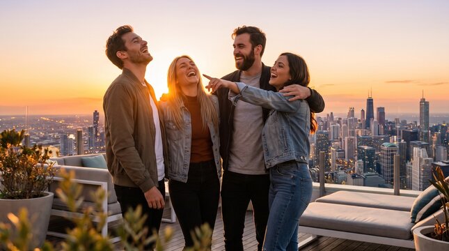 Four young adult friends laughing together on an urban rooftop terrace with city skyline background during sunset