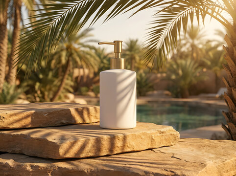 White soap dispenser bottle with gold pump on rock podium near pool palm trees North America.
