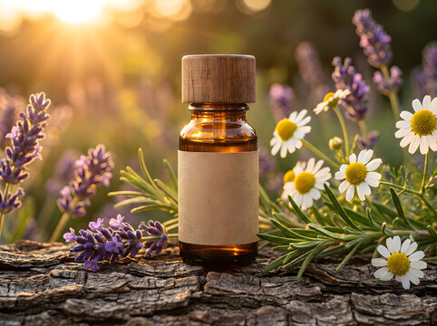 Amber aromatherapy oil bottle on wood bark with lavender and chamomile in North America.