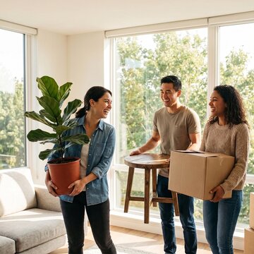 Happy diverse friends laughing while carrying a plant stool and moving box into a bright new apartment