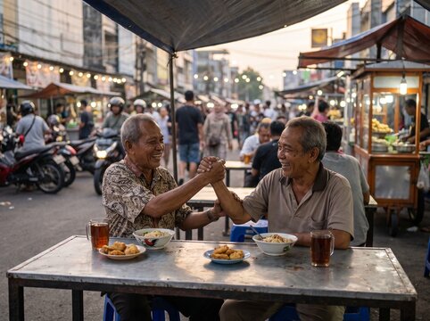 Cheerful senior Asian friends shaking hands and laughing while eating at a busy outdoor street food stall
