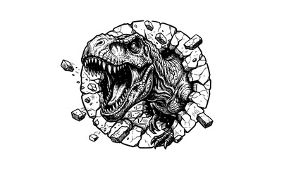 Roaring T Rex Dinosaur Head Jurassic Monster Black and White Vector Art © Shaon