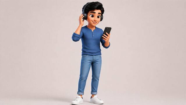 3D Indian Man Listening to Music on Mobile Phone with Wireless Headphones