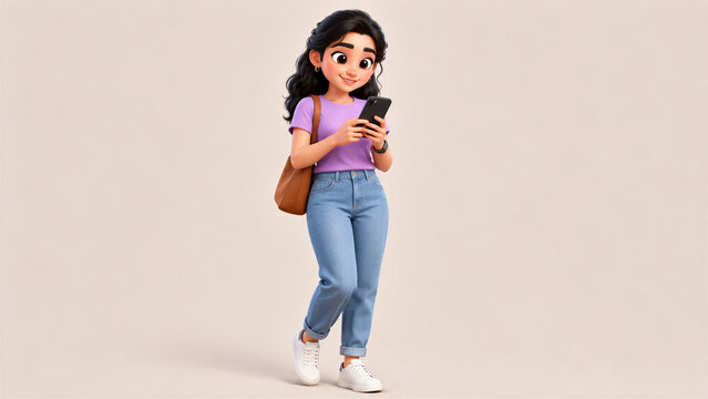 3D Indian Woman Checking Smartphone on the Go
