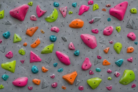 Colourful climbing holds bolted to an indoor climbing wall