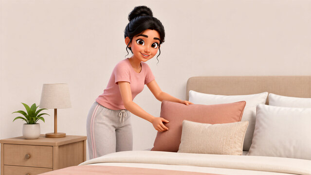 3D Indian Woman Making the Bed in a Modern Bedroom