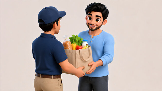 3D Indian Man Receiving a Grocery Delivery at Home