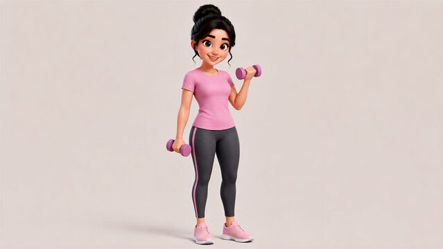 3D Indian Woman Doing Strength Training with Dumbbells