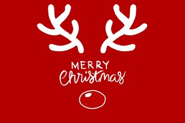 Merry Christmas greeting card with cute white reindeer antlers and red nose on red background © fayee