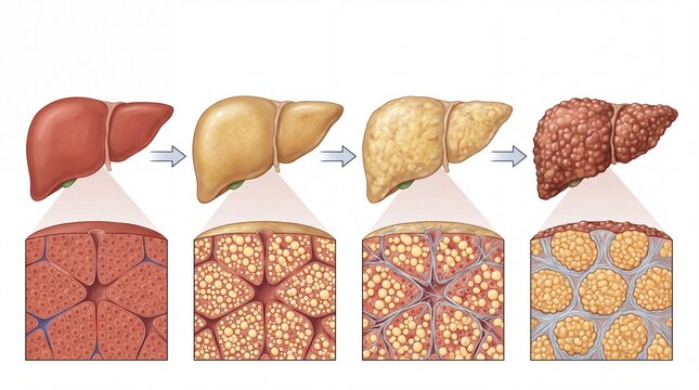 Illustration depicting stages of liver health, showcasing normal, fatty, and cirrhotic conditions over time.