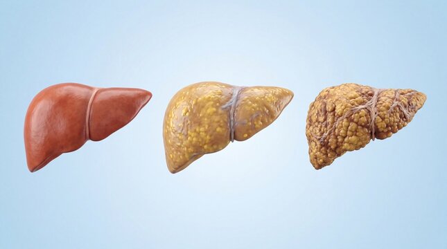 Illustration of human liver stages showing healthy, fatty, and cirrhotic conditions, highlighting health awareness.