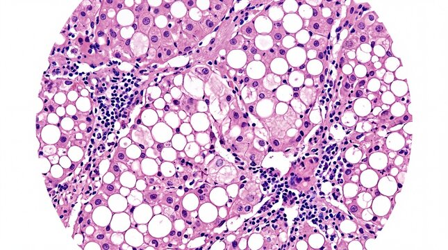 Microscopic image showcasing adipose tissue with cells and nuclei in vibrant pink and purple hues, highlighting structure.