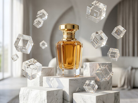 Amber perfume bottle perched on marble podiums with hovering transparent glass cubes.