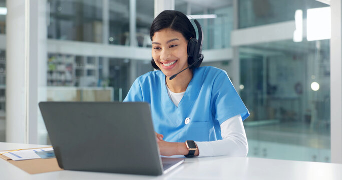Headset, nurse and woman with laptop for online meeting, telehealth consultation and help with smile. Computer, video call and happy medical worker in clinic, assessment chat or follow up question