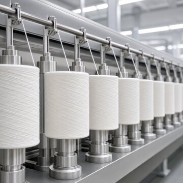 Rows of white cotton bobbins on a spinning frame