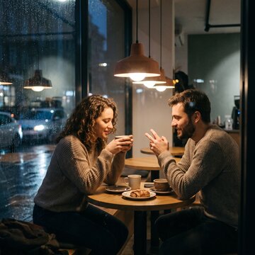 Young couple drinking coffee and talking together in a cozy cafe on a rainy evening