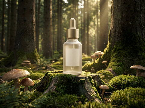 Beauty serum bottle on mossy tree stump in north america forest among wild fungi.