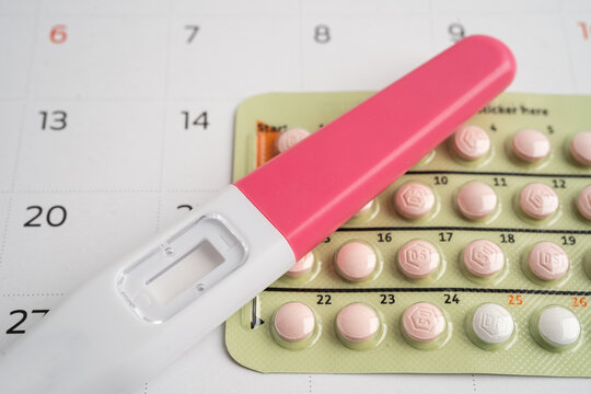 Pregnancy test and birth control pills, contraception health and medicine.