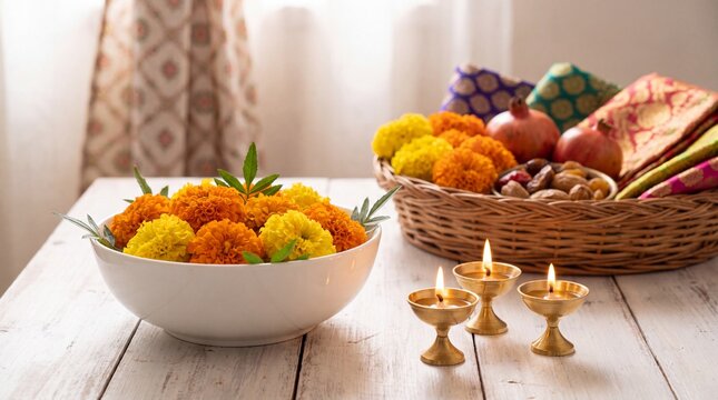 Traditional Offering of Flowers and Fruits for the Sacred Dashain Festival Celebrations in a Minimalist Wooden