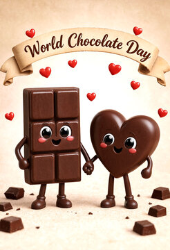 Cute animated chocolate bar and heart celebrating world chocolate day with loving expressions and hearts