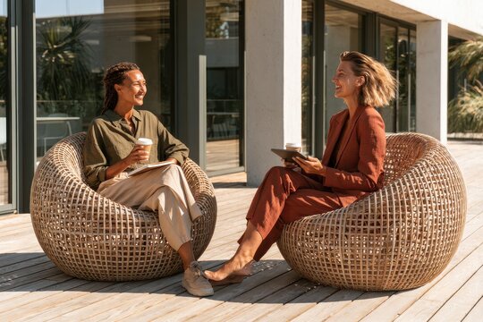 Two professional women sitting in wicker chairs outdoors having a conversation with coffee