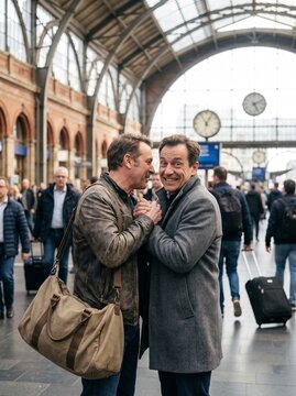 Two mature male friends embracing and smiling happily at a railway station terminal