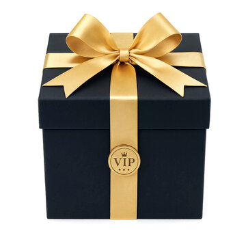 Elegant black gift box with golden ribbon bow and exclusive vip seal label isolated