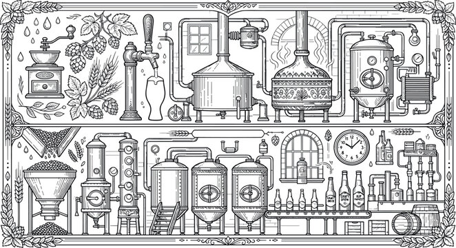 Vintage beer brewing process detailed line art banner with fermentation tanks distillery equipment factory line and hops framing vector,