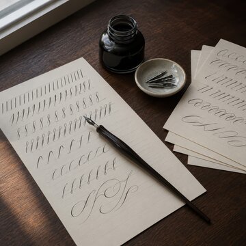 Dip pen calligraphy practice sheets and an ink bottle on a desk