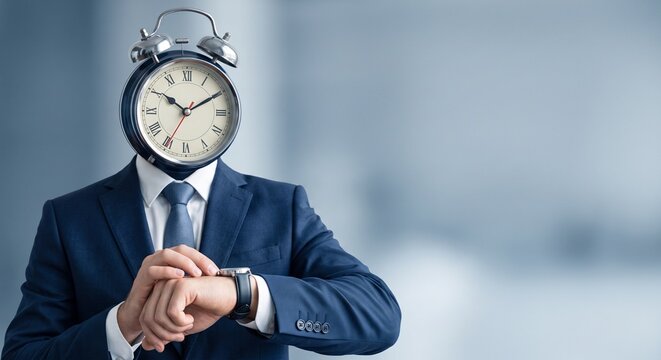Businessman with alarm clock head checking his wristwatch in modern office, time management and deadline concept.