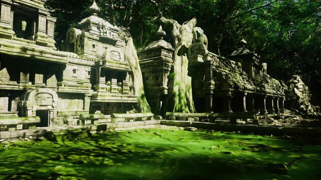 Guardian statues lining mossy temple pond, sculpted figures cast reflections across still green water, ceremonial alignment evokes ritual heritage