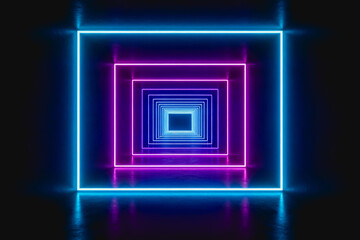 Fototapeta premium A 3D rendered abstract scene of layered neon rectangular frames forming a tunnel, with blue and purple glow on dark reflective surfaces.