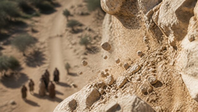 Macro of crumbling stones and dust falling from rocky cliff above desert road with blurred group of people walking below