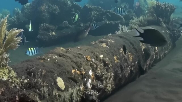 Mesmerizing reef fish gracefully navigate a sprawling undersea pipeline. This vibrant underwater ecosystem, teeming with diverse aquatic species, showcases nature's resilience.