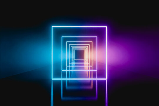 3D rendered abstract scene with concentric neon square frames receding into a dark gradient space, with reflective floor and blue-purple light hues.