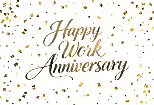 Elegant golden happy work anniversary greeting card with confetti celebration design for special occasions