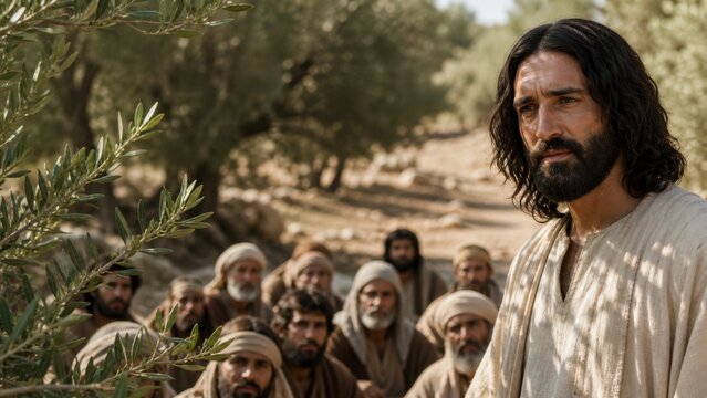 Man standing near living green olive branch with group of follower behind him. Biblical gospel scene and metaphor of green tree. Christian faith and teaching concept for Easter